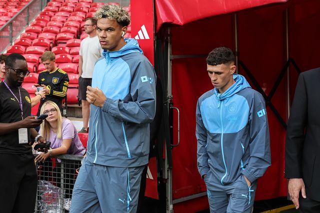 Nico O'Reilly of Manchester City and Phil Foden of Manchester City arrive during the Premier League match Manchester United vs Manchester City at Old Trafford, Manchester, United Kingdom on 13 September 2026

(Photo by Mark Cosgrove/News Images)