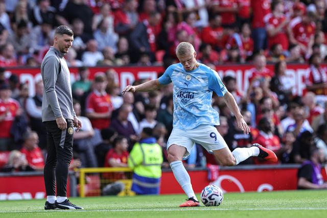 Erling Haaland of Manchester City in the pregame warmup session during the Premier League match Manchester United vs Manchester City at Old Trafford, Manchester, United Kingdom on 13 September 2026

(Photo by Mark Cosgrove/News Images)