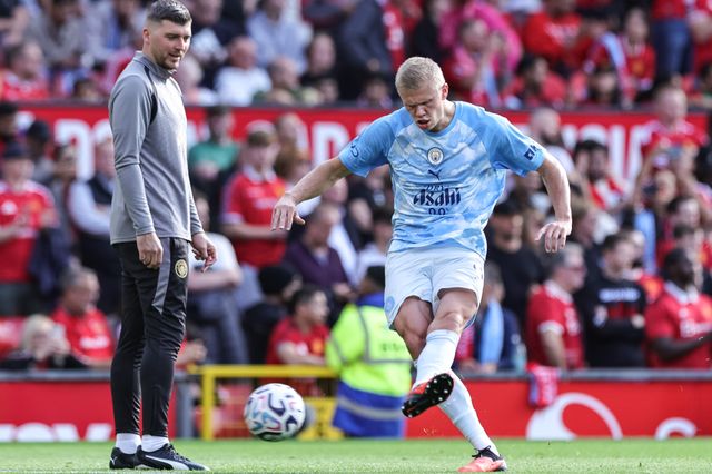 Erling Haaland of Manchester City in the pregame warmup session during the Premier League match Manchester United vs Manchester City at Old Trafford, Manchester, United Kingdom on 13 September 2026

(Photo by Mark Cosgrove/News Images)