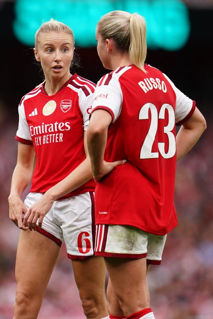 Leah Williamson of Arsenal and Alessia Russo of Arsenal during the Women's Super League match Arsenal vs Crystal Palace at Emirates, London, United Kingdom on 13 September 2026

(Photo by Harvey Murphy/News Images)