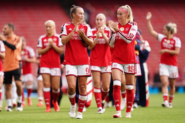Chloe Kelly of Arsenal and Caitlin Foord of Arsenal at full time during the Women's Super League match Arsenal vs Crystal Palace at Emirates, London, United Kingdom on 13 September 2026

(Photo by Harvey Murphy/News Images)