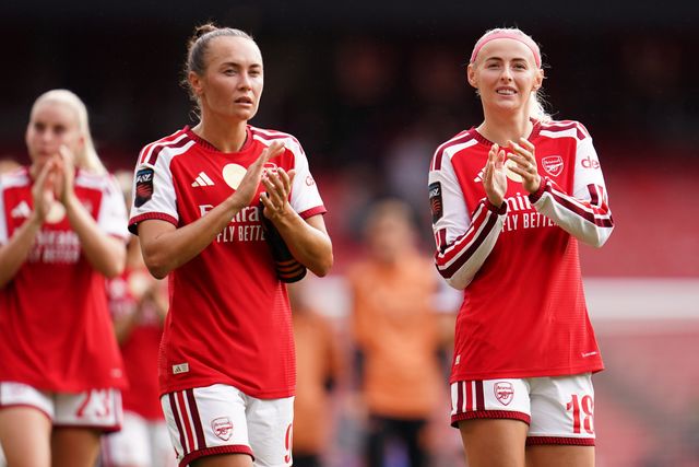 Chloe Kelly of Arsenal and Caitlin Foord of Arsenal at full time during the Women's Super League match Arsenal vs Crystal Palace at Emirates, London, United Kingdom on 13 September 2026

(Photo by Harvey Murphy/News Images)