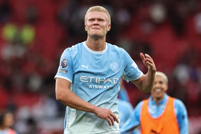 Goalscorer Erling Haaland of Manchester City celebrates the 0-1 win with the City cans during the Premier League match Manchester United vs Manchester City at Old Trafford, Manchester, United Kingdom on 13 September 2026

(Photo by Mark Cosgrove/News Images)