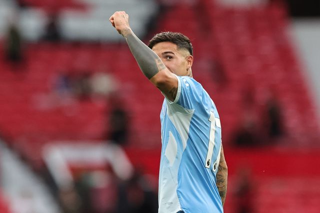 Enzo Fernandez of Manchester City celebrates the 0-1 win with the fans during the Premier League match Manchester United vs Manchester City at Old Trafford, Manchester, United Kingdom on 13 September 2026

(Photo by Mark Cosgrove/News Images)