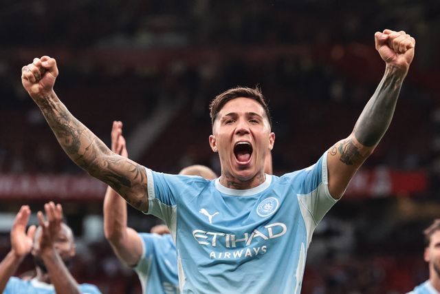 Enzo Fernandez of Manchester City celebrates the 0-1 win with the fans during the Premier League match Manchester United vs Manchester City at Old Trafford, Manchester, United Kingdom on 13 September 2026

(Photo by Mark Cosgrove/News Images)