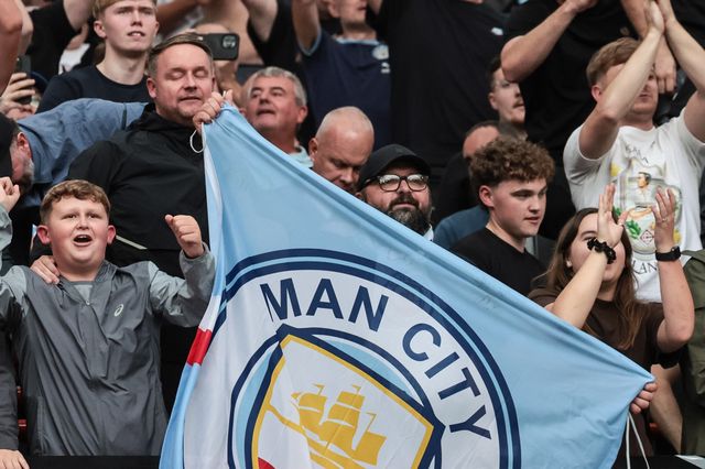 City fans celebrate the 0-1 win during the Premier League match Manchester United vs Manchester City at Old Trafford, Manchester, United Kingdom on 13 September 2026

(Photo by Mark Cosgrove/News Images)