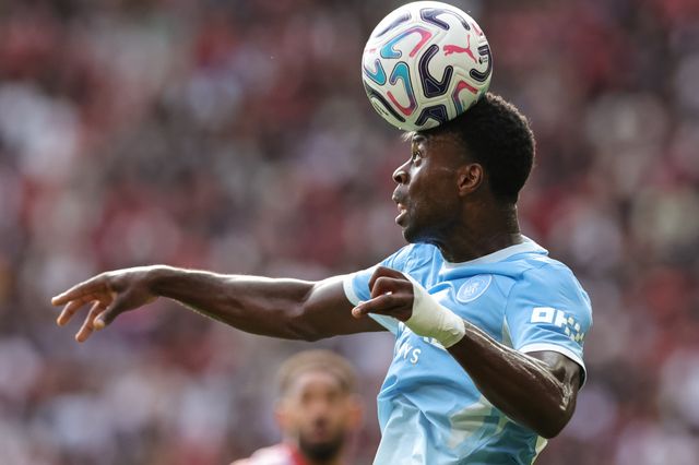 Marc Guehi of Manchester City heads the ball during the Premier League match Manchester United vs Manchester City at Old Trafford, Manchester, United Kingdom on 13 September 2026

(Photo by Mark Cosgrove/News Images)