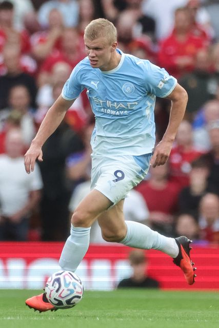 Erling Haaland of Manchester City breaks with the ball during the Premier League match Manchester United vs Manchester City at Old Trafford, Manchester, United Kingdom on 13 September 2026

(Photo by Mark Cosgrove/News Images)