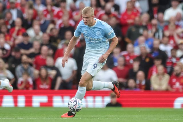 Erling Haaland of Manchester City breaks with the ball during the Premier League match Manchester United vs Manchester City at Old Trafford, Manchester, United Kingdom on 13 September 2026

(Photo by Mark Cosgrove/News Images)