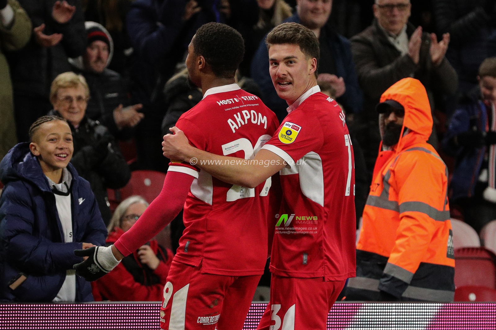 Chuba Akpom #29 of Middlesbrough celebrates his hat-trick with Matthew Hoppe and makes the score 4-1 during the Sky Bet Championship match Middlesbrough vs Wigan Athletic at Riverside Stadium, Middlesbrough, United Kingdom, 26th December 2022

(Photo by James Heaton/News Images)