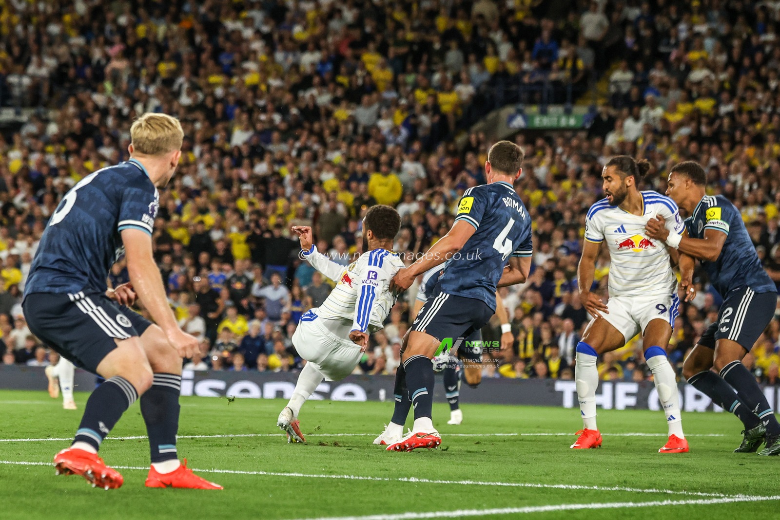 Jayden Bogle of Leeds United takes a shot on goal during the Premier League match Leeds United vs Newcastle Untied at Elland Road, Leeds, United Kingdom on 14 September 2026

(Photo by Alfie Cosgrove/News Images)