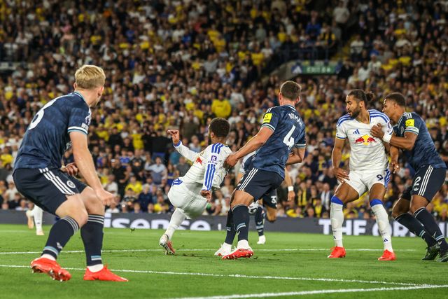 Jayden Bogle of Leeds United takes a shot on goal during the Premier League match Leeds United vs Newcastle Untied at Elland Road, Leeds, United Kingdom on 14 September 2026

(Photo by Alfie Cosgrove/News Images)