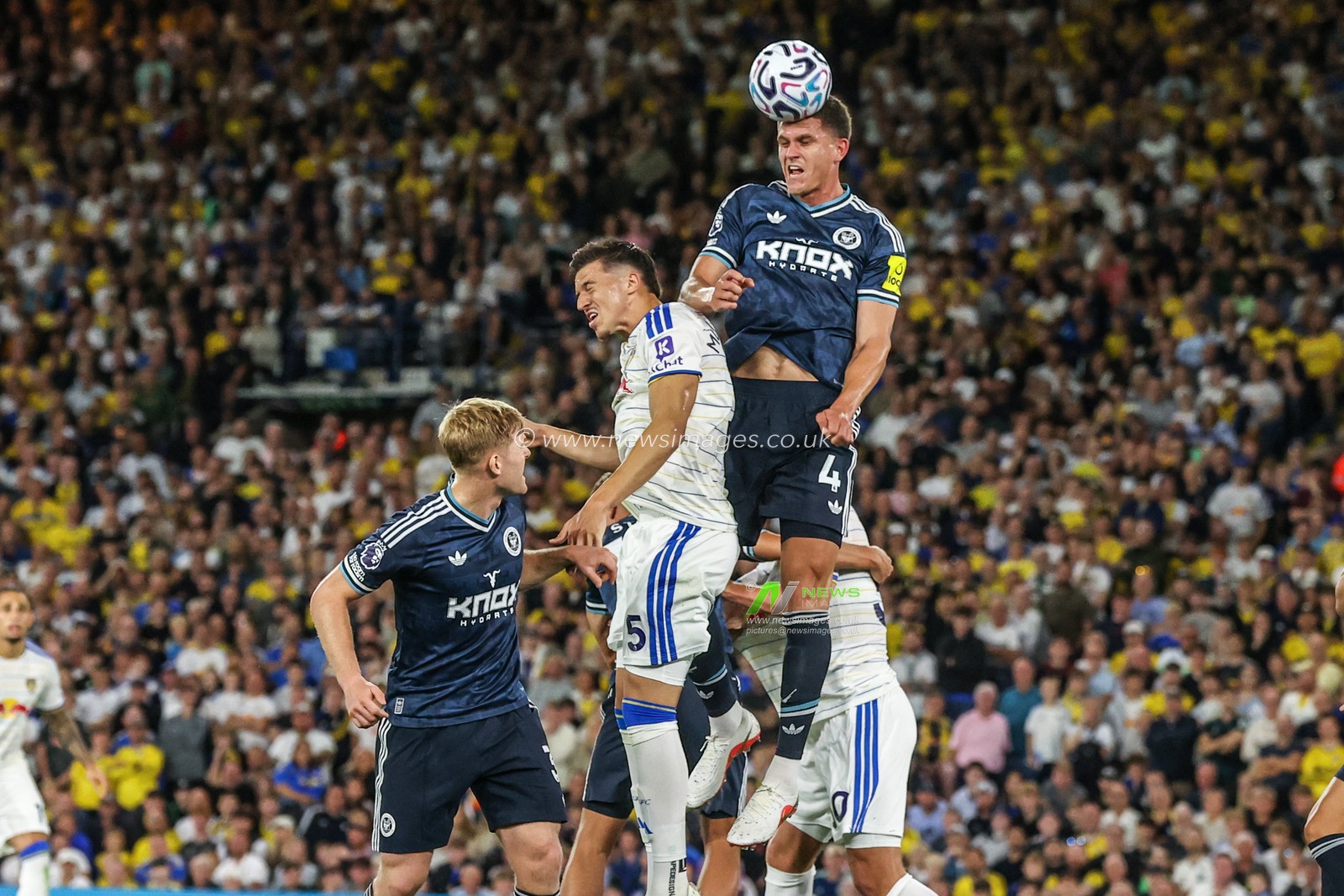 Sven Botman of Newcastle United jumps up to win the high ball during the Premier League match Leeds United vs Newcastle Untied at Elland Road, Leeds, United Kingdom on 14 September 2026

(Photo by Alfie Cosgrove/News Images)