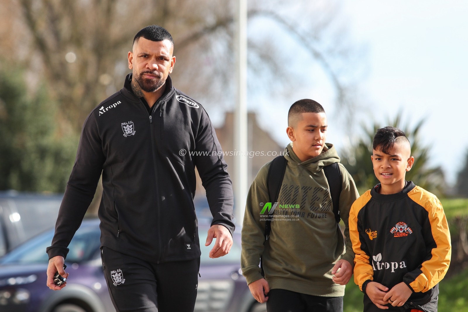 Manu Ma'u (12) of Hull FC arrives at the MKM Stadium as a spectator due to an ongoing injury ahead of the Betfred Super League fixture Hull FC v Salford Red Devils