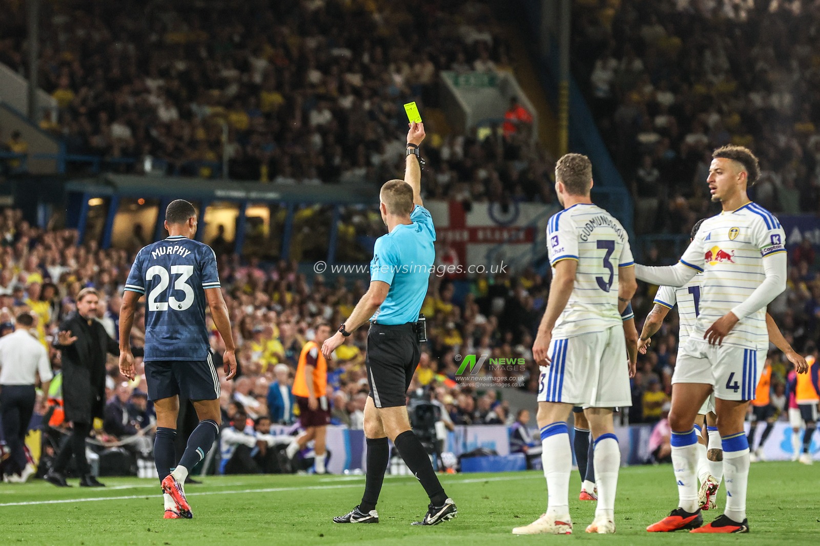 Referee Michael Salisbury gives a yellow card to Jacob Murphy of Newcastle United during the Premier League match Leeds United vs Newcastle Untied at Elland Road, Leeds, United Kingdom on 14 September 2026

(Photo by Alfie Cosgrove/News Images)