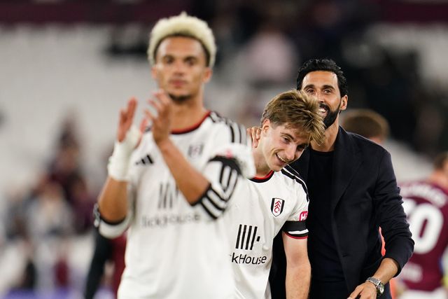 Alvaro Arbeloa manager of Fulham and Cesar Palacios of Fulham smile at full time during the Carabao Cup round 3 match West Ham United vs Fulham at London Stadium, London, United Kingdom on 15 September 2026

(Photo by Harvey Murphy/News Images)