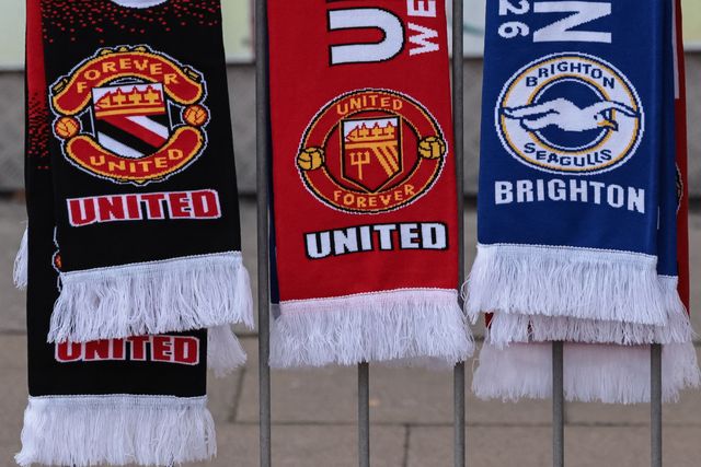 Manchester United and Brighton & Hove Albion scarfs on sale during the Carabao Cup round 3 match Manchester United vs Brighton & Hove Albion at Old Trafford, Manchester, United Kingdom on 16 September 2026

(Photo by Mark Cosgrove/News Images)