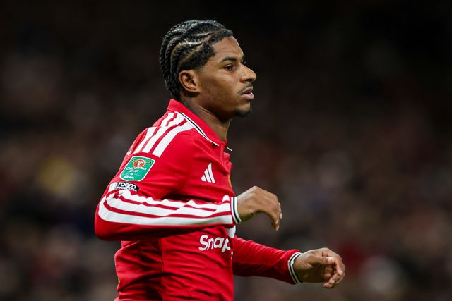 Marcus Rashford of Manchester United in action during the Carabao Cup round 3 match Manchester United vs Brighton & Hove Albion at Old Trafford, Manchester, United Kingdom on 16 September 2026

(Photo by Mark Cosgrove/News Images)