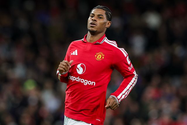 Marcus Rashford of Manchester United in action during the Carabao Cup round 3 match Manchester United vs Brighton & Hove Albion at Old Trafford, Manchester, United Kingdom on 16 September 2026

(Photo by Mark Cosgrove/News Images)