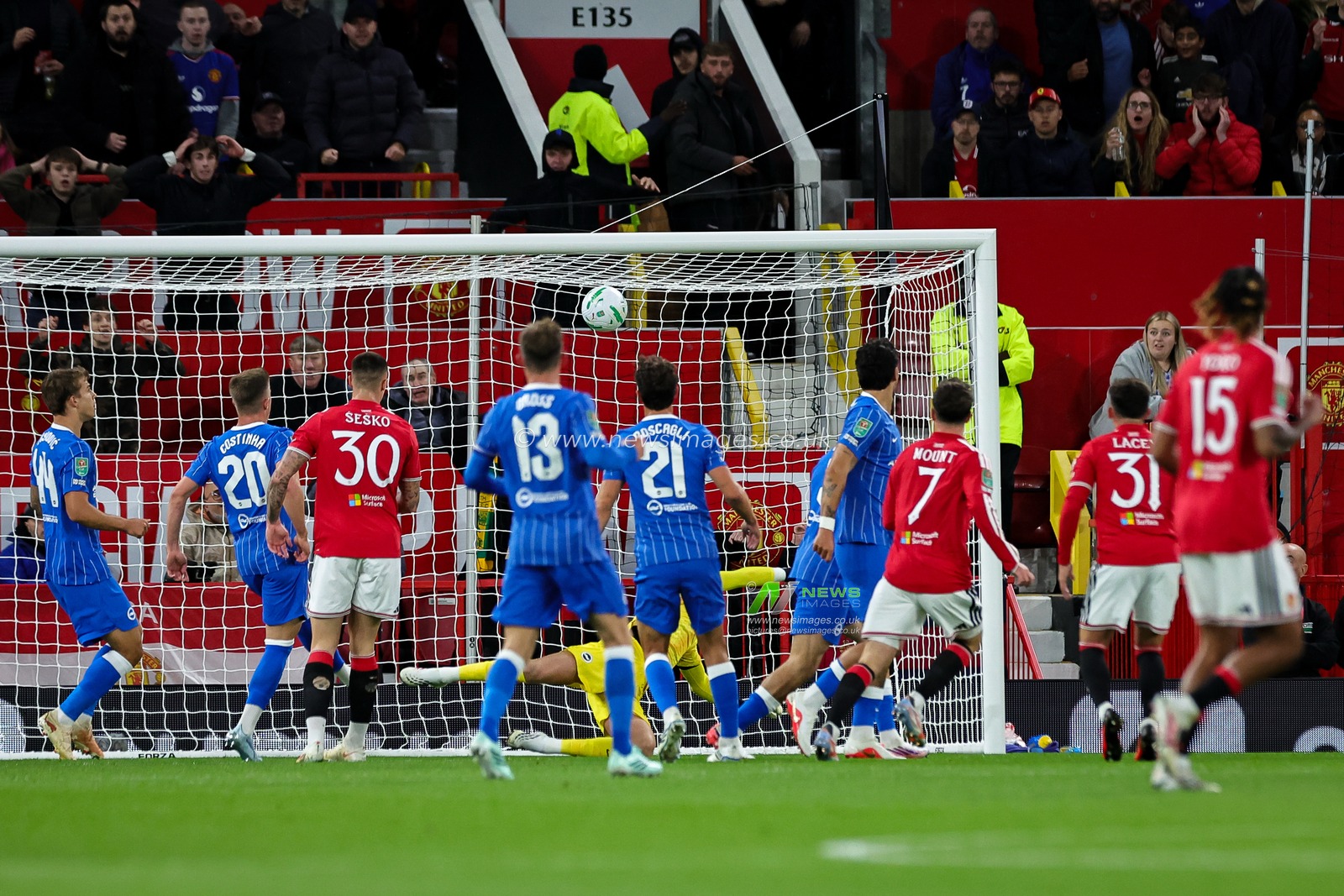 Mason Mount of Manchester United scores to make it  2-0 during the Carabao Cup round 3 match Manchester United vs Brighton & Hove Albion at Old Trafford, Manchester, United Kingdom on 16 September 2026

(Photo by Mark Cosgrove/News Images)