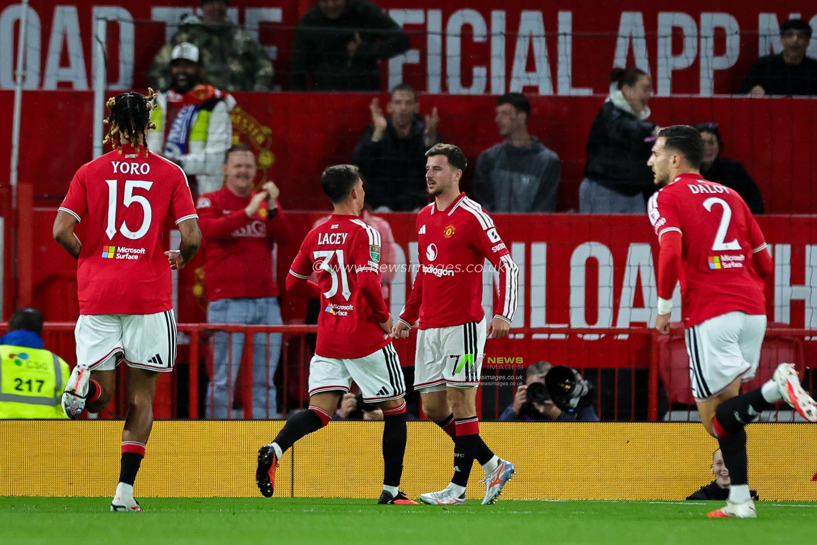 Mason Mount of Manchester United celebrates his goal to make it  2-0 during the Carabao Cup round 3 match Manchester United vs Brighton & Hove Albion at Old Trafford, Manchester, United Kingdom on 16 September 2026

(Photo by Mark Cosgrove/News Images)