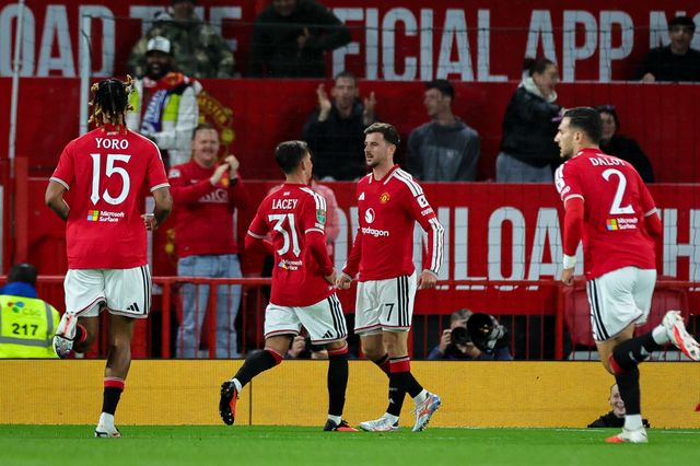 Mason Mount of Manchester United celebrates his goal to make it  2-0 during the Carabao Cup round 3 match Manchester United vs Brighton & Hove Albion at Old Trafford, Manchester, United Kingdom on 16 September 2026

(Photo by Mark Cosgrove/News Images)