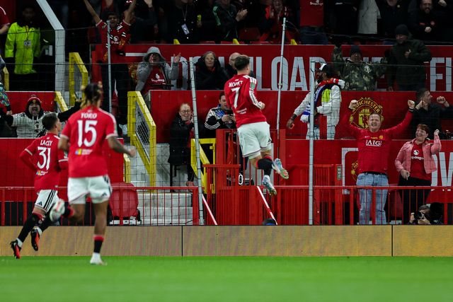 Mason Mount of Manchester United celebrates his goal to make it  2-0 during the Carabao Cup round 3 match Manchester United vs Brighton & Hove Albion at Old Trafford, Manchester, United Kingdom on 16 September 2026

(Photo by Mark Cosgrove/News Images)