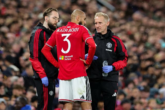 Noussair Mazraoui of Manchester United receives treatment during the Carabao Cup round 3 match Manchester United vs Brighton & Hove Albion at Old Trafford, Manchester, United Kingdom on 16 September 2026

(Photo by Mark Cosgrove/News Images)