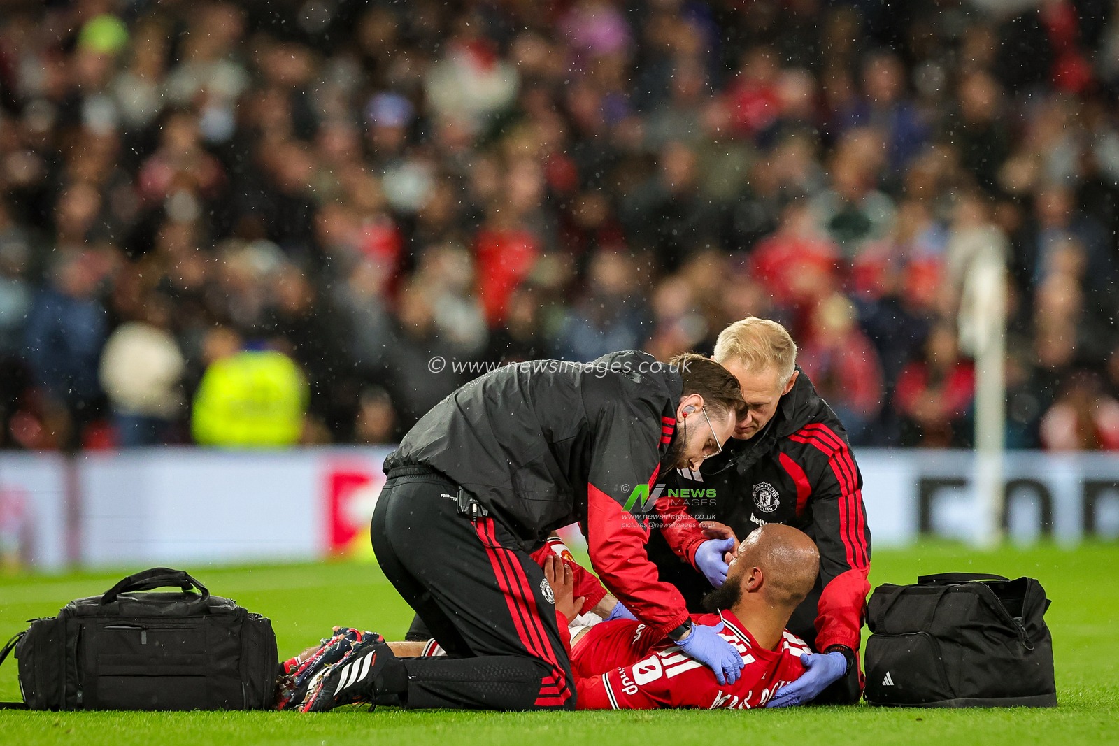 Noussair Mazraoui of Manchester United receives treatment during the Carabao Cup round 3 match Manchester United vs Brighton & Hove Albion at Old Trafford, Manchester, United Kingdom on 16 September 2026

(Photo by Mark Cosgrove/News Images)