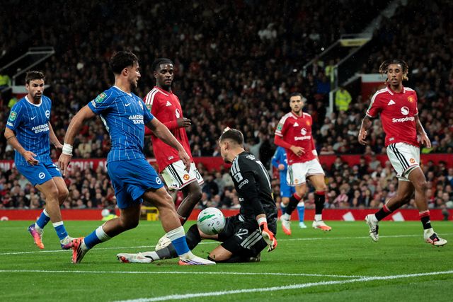 Charalampos Kostoulas of Brighton & Hove Albion scores to make it  2-1 during the Carabao Cup round 3 match Manchester United vs Brighton & Hove Albion at Old Trafford, Manchester, United Kingdom on 16 September 2026

(Photo by Mark Cosgrove/News Images)