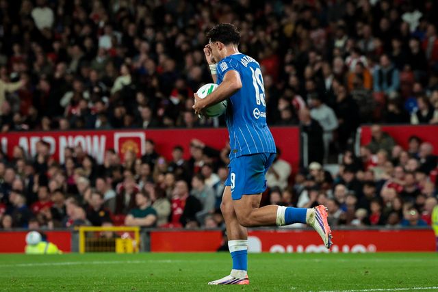Charalampos Kostoulas of Brighton & Hove Albion celebrates his goal to make it  2-1 during the Carabao Cup round 3 match Manchester United vs Brighton & Hove Albion at Old Trafford, Manchester, United Kingdom on 16 September 2026

(Photo by Mark Cosgrove/News Images)
