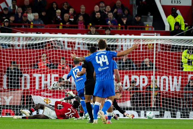 Pascal Groß of Brighton & Hove Albion scores to make it  2-2 during the Carabao Cup round 3 match Manchester United vs Brighton & Hove Albion at Old Trafford, Manchester, United Kingdom on 16 September 2026

(Photo by Mark Cosgrove/News Images)