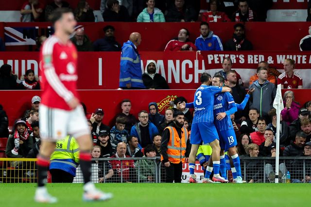 Pascal Groß of Brighton & Hove Albion celebrates his goal to make it  2-2 during the Carabao Cup round 3 match Manchester United vs Brighton & Hove Albion at Old Trafford, Manchester, United Kingdom on 16 September 2026

(Photo by Mark Cosgrove/News Images)