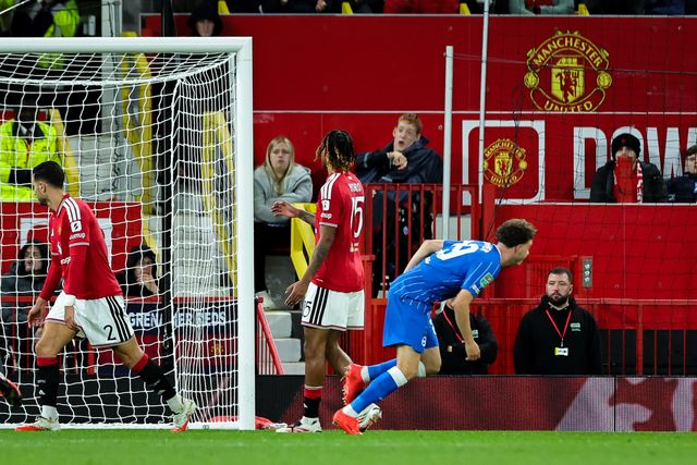 Maxim De Cuyper of Brighton & Hove Albion celebrates his goal to make it  2-3 during the Carabao Cup round 3 match Manchester United vs Brighton & Hove Albion at Old Trafford, Manchester, United Kingdom on 16 September 2026

(Photo by Mark Cosgrove/News Images)