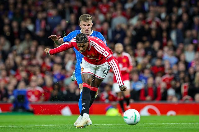 Marcus Rashford of Manchester United reacts after a missed chance on goal  during the Carabao Cup round 3 match Manchester United vs Brighton & Hove Albion at Old Trafford, Manchester, United Kingdom on 16 September 2026

(Photo by Mark Cosgrove/News Images)