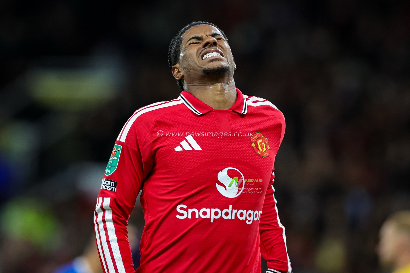 Marcus Rashford of Manchester United reacts after a missed chance on goal  during the Carabao Cup round 3 match Manchester United vs Brighton & Hove Albion at Old Trafford, Manchester, United Kingdom on 16 September 2026

(Photo by Mark Cosgrove/News Images)