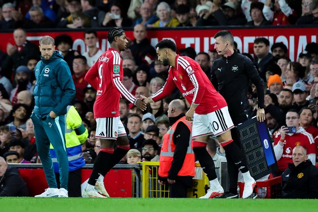 Marcus Rashford of Manchester United is substituted   for Matheus Cunha of Manchester United during the Carabao Cup round 3 match Manchester United vs Brighton & Hove Albion at Old Trafford, Manchester, United Kingdom on 16 September 2026

(Photo by Mark Cosgrove/News Images)