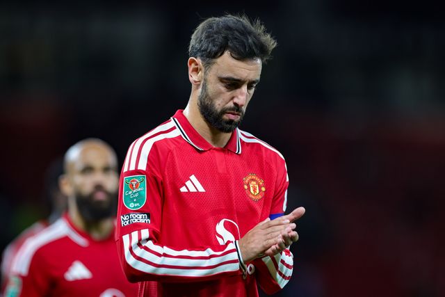 Bruno Fernandes of Manchester United applauds the fans after the final whistle  during the Carabao Cup round 3 match Manchester United vs Brighton & Hove Albion at Old Trafford, Manchester, United Kingdom on 16 September 2026

(Photo by Mark Cosgrove/News Images)