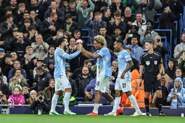 Floyd Samba of Manchester City scores to make it 1-0 during the Carabao Cup round 3 match Manchester City vs Norwich City at Etihad Stadium, Manchester, United Kingdom on 17 September 2026

(Photo by Mark Cosgrove/News Images)
