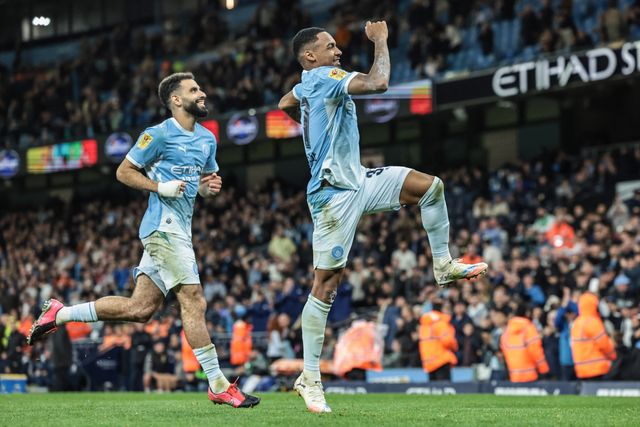 Allan of Manchester City celebrates his goal to make it 3-0 during the Carabao Cup round 3 match Manchester City vs Norwich City at Etihad Stadium, Manchester, United Kingdom on 17 September 2026

(Photo by Mark Cosgrove/News Images)