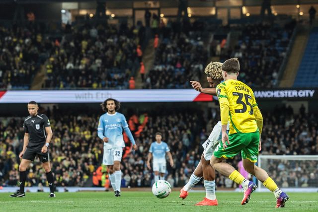 Floyd Samba of Manchester City scores to make it 4-0 during the Carabao Cup round 3 match Manchester City vs Norwich City at Etihad Stadium, Manchester, United Kingdom on 17 September 2026

(Photo by Mark Cosgrove/News Images)