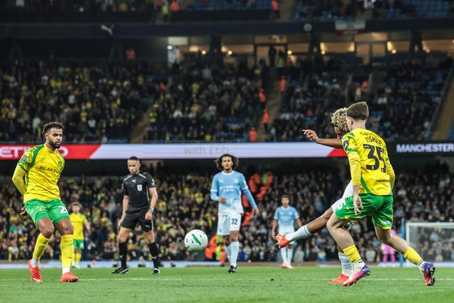 Floyd Samba of Manchester City scores to make it 4-0 during the Carabao Cup round 3 match Manchester City vs Norwich City at Etihad Stadium, Manchester, United Kingdom on 17 September 2026

(Photo by Mark Cosgrove/News Images)
