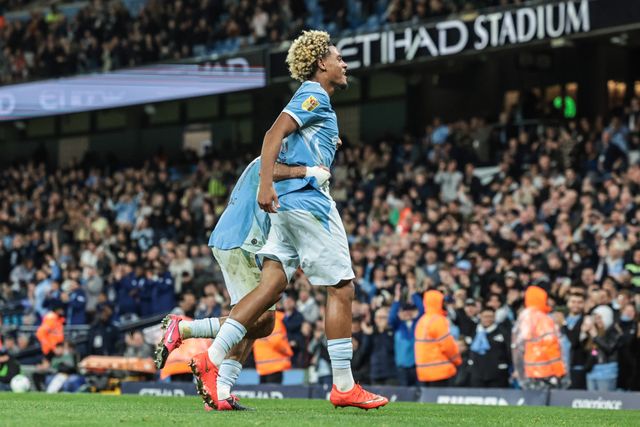 Floyd Samba of Manchester City celebrates his goal to make it 4-0 during the Carabao Cup round 3 match Manchester City vs Norwich City at Etihad Stadium, Manchester, United Kingdom on 17 September 2026

(Photo by Mark Cosgrove/News Images)