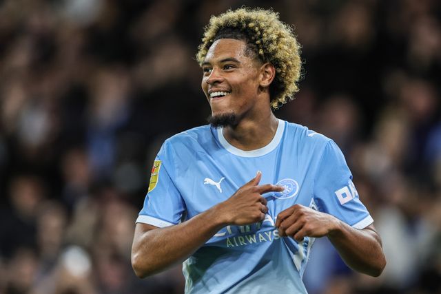Floyd Samba of Manchester City celebrates his goal to make it 4-0 during the Carabao Cup round 3 match Manchester City vs Norwich City at Etihad Stadium, Manchester, United Kingdom on 17 September 2026

(Photo by Mark Cosgrove/News Images)
