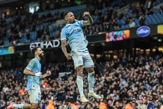 Allan of Manchester City celebrates his goal to make it 3-0 during the Carabao Cup round 3 match Manchester City vs Norwich City at Etihad Stadium, Manchester, United Kingdom on 17 September 2026

(Photo by Mark Cosgrove/News Images)