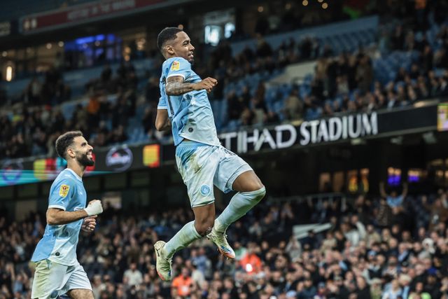 Allan of Manchester City celebrates his goal to make it 3-0 during the Carabao Cup round 3 match Manchester City vs Norwich City at Etihad Stadium, Manchester, United Kingdom on 17 September 2026

(Photo by Mark Cosgrove/News Images)