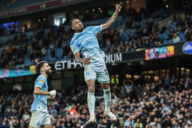 Allan of Manchester City celebrates his goal to make it 3-0 during the Carabao Cup round 3 match Manchester City vs Norwich City at Etihad Stadium, Manchester, United Kingdom on 17 September 2026

(Photo by Mark Cosgrove/News Images)