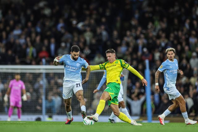 Ante Crnac of Norwich City and Rayan Ait-Nouri of Manchester City battle for the ball during the Carabao Cup round 3 match Manchester City vs Norwich City at Etihad Stadium, Manchester, United Kingdom on 17 September 2026

(Photo by Mark Cosgrove/News Images)