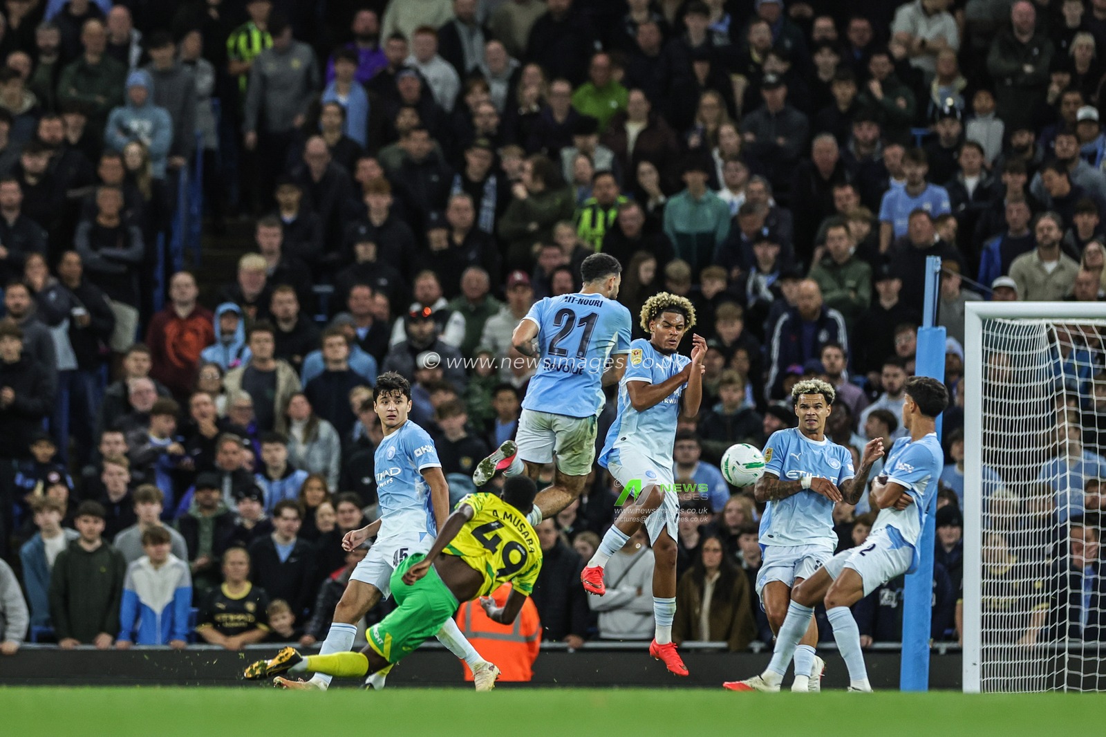 Anthony Musaba of Norwich City takes a shot on goal during the Carabao Cup round 3 match Manchester City vs Norwich City at Etihad Stadium, Manchester, United Kingdom on 17 September 2026

(Photo by Mark Cosgrove/News Images)