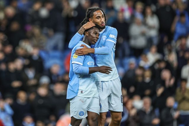 Ryan McAidoo of Manchester City celebrates his goal to make it 5-0 during the Carabao Cup round 3 match Manchester City vs Norwich City at Etihad Stadium, Manchester, United Kingdom on 17 September 2026

(Photo by Mark Cosgrove/News Images)